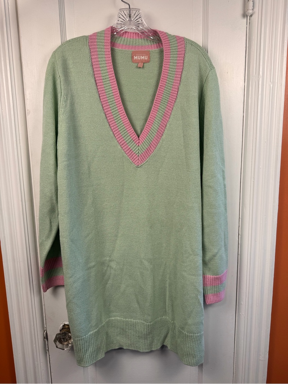 Show Me Your MuMu Mint V-Neck Sweater Dress with Pink Trim - Picture 2 of 4